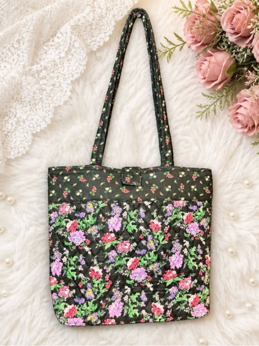 Jenny Buchanan Quilted Floral Tote Bag in Black Pink Purple Blooms Cotton